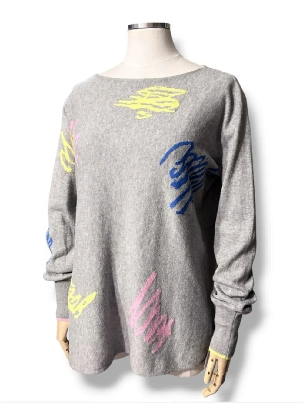 ZAKET & PLOVER Grey Cashmere Blend Abstract Scribble Boatneck Pullover Sweater